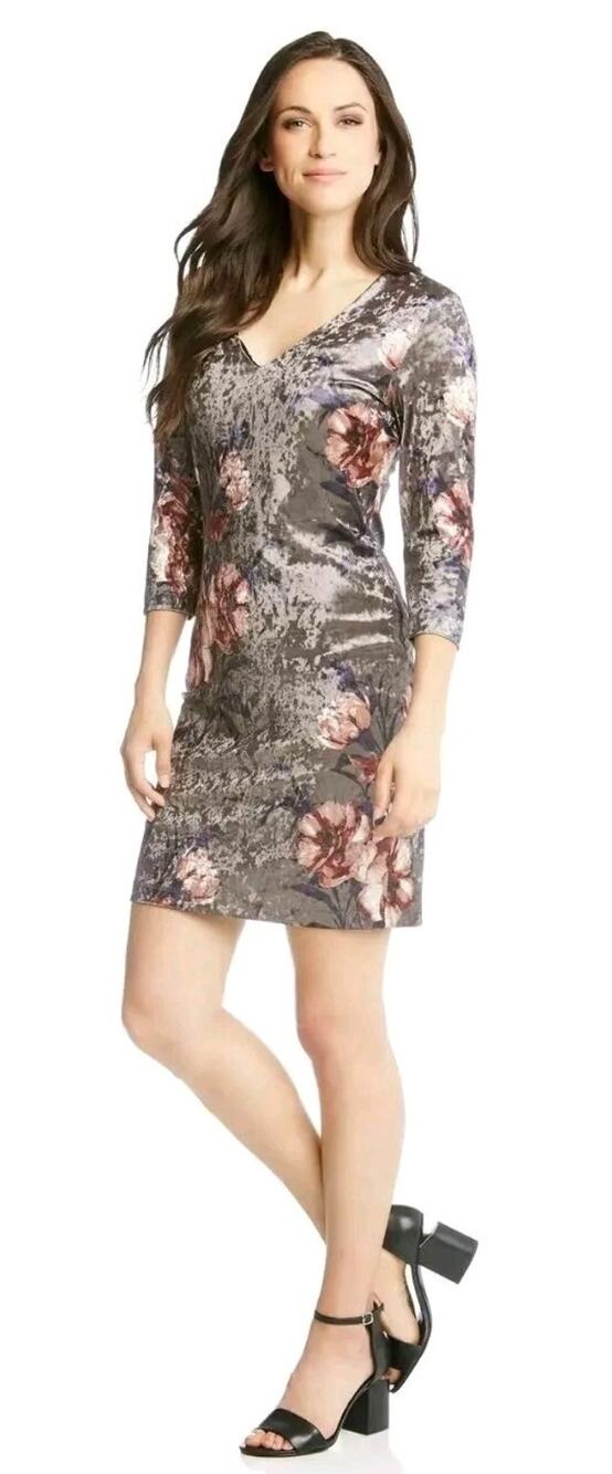 Karen Kane Womens Size XL Gray Velvet Floral Print V-Neck Sheath Dress